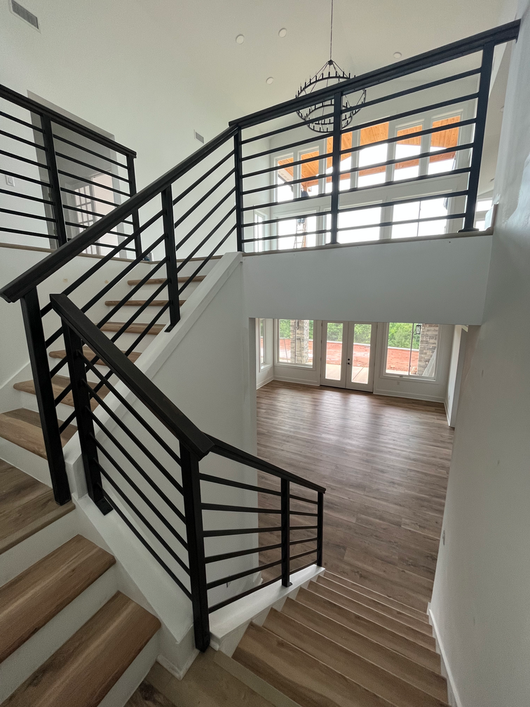 Modern stair railings in steel with wooden handrails.